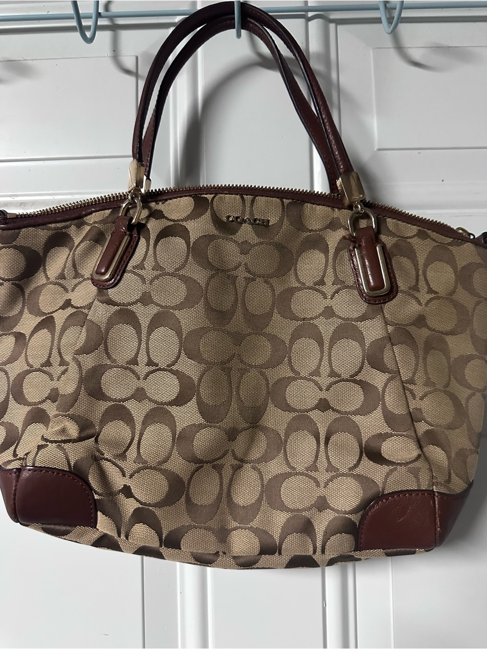 Coach Khaki Signature Canvas Tote with Brown Leather Trim